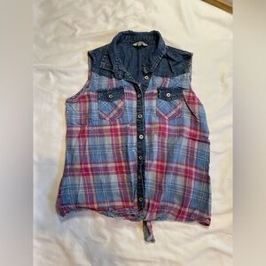 Girls Bienzoe size 18 denim plaid button up tank top